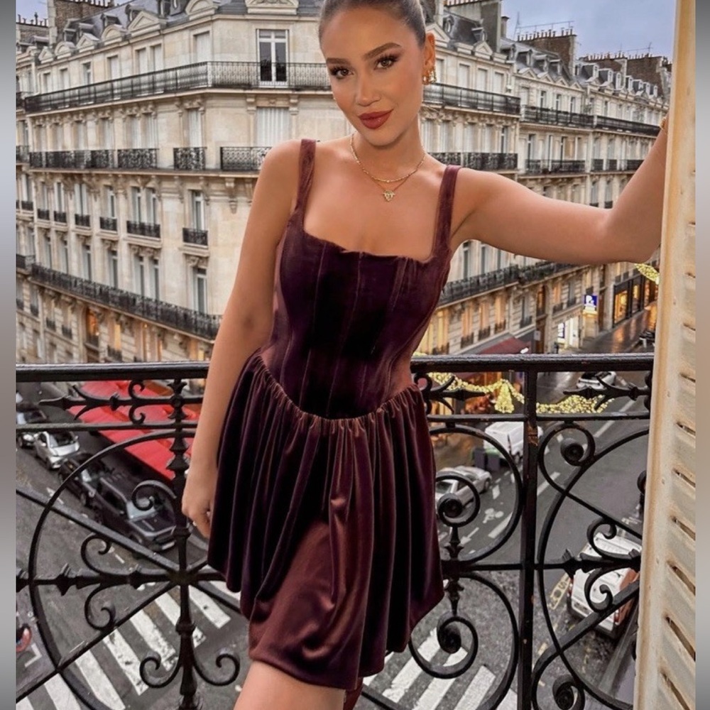 Zara Velvet Corset Balletcore Square Neck Mini Dress in Maroon